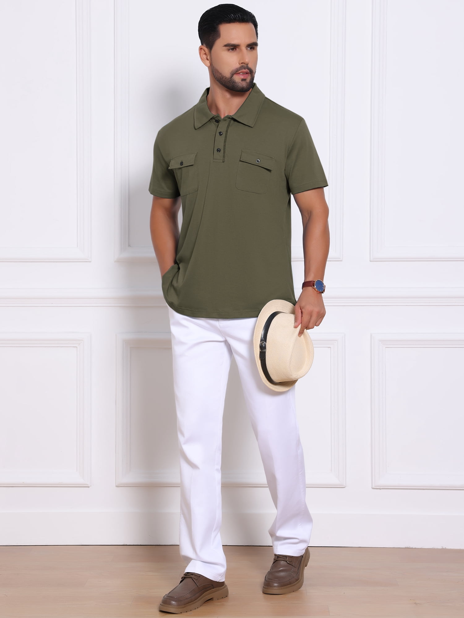 DARING DIVA Men's Collared Short Sleeve Double Chest Pockets Polo Shirt 2XL Olive Green
