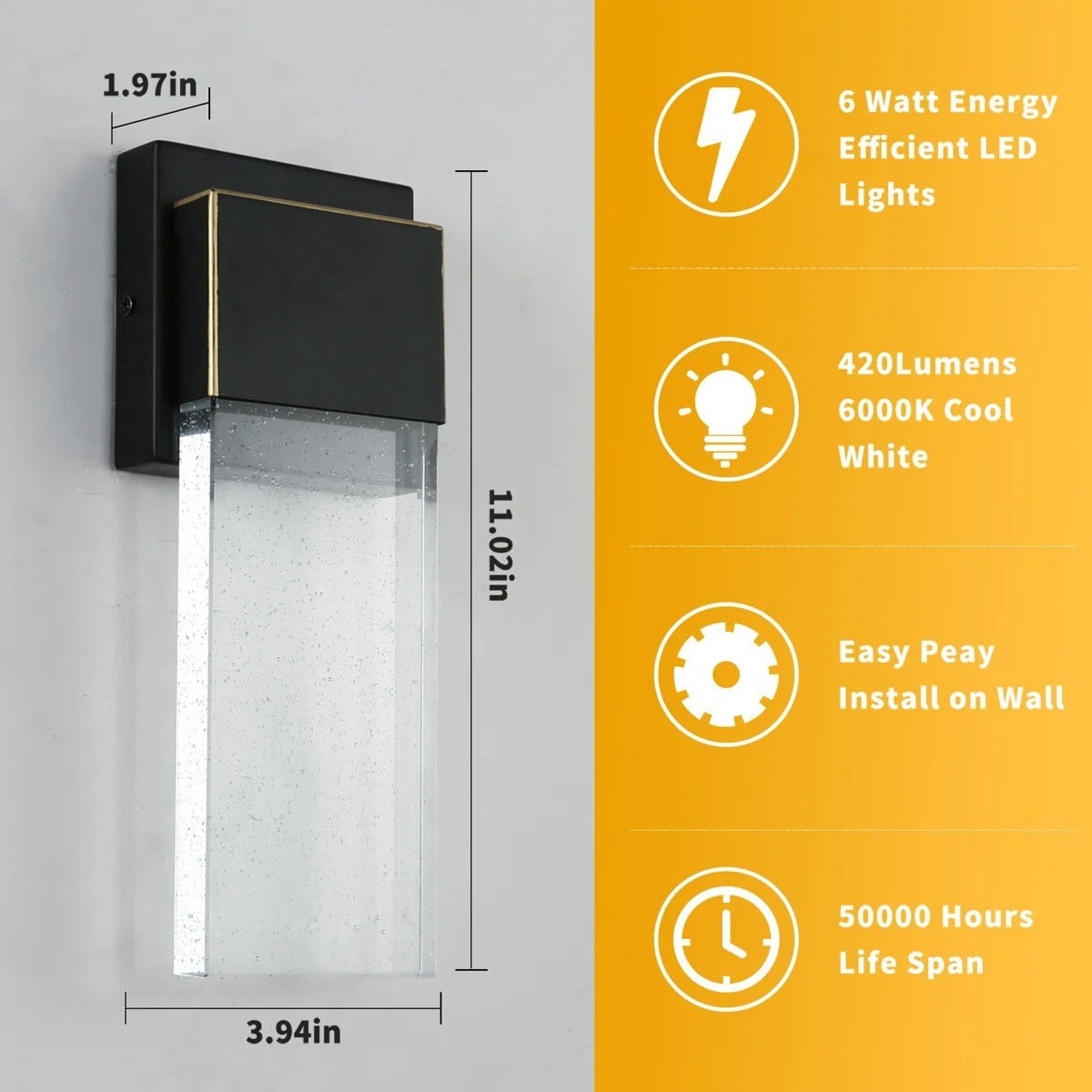 6W LED Wall Sconce Light, Modern Black Bubble Glass Indoor Outdoor Waterproof Wall Fixture, 6000K Cool White 420 Lumens, Easy Install for Bedroom Porch Patio 2 Pack