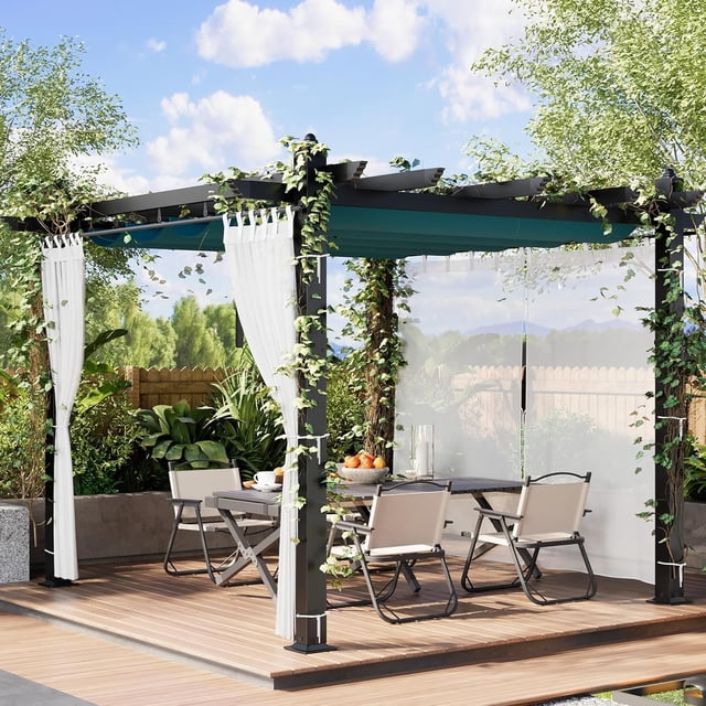 10x10 foot outdoor aluminum pergola: blue uv - block canopy, blanca mesh net, rust - proof frame, four - point anchoring, versatile y estilizado gray y blue design, easy tool - free assembly (...