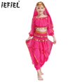 thumbnail image 2 of Disfraz de Halloween de Bollywood para niñas, traje de danza del vientre Oriental Indio, Top corto dividido, pantalones, tocado con cadena en la cintura, pañuelo para la cabeza, 2 of 5