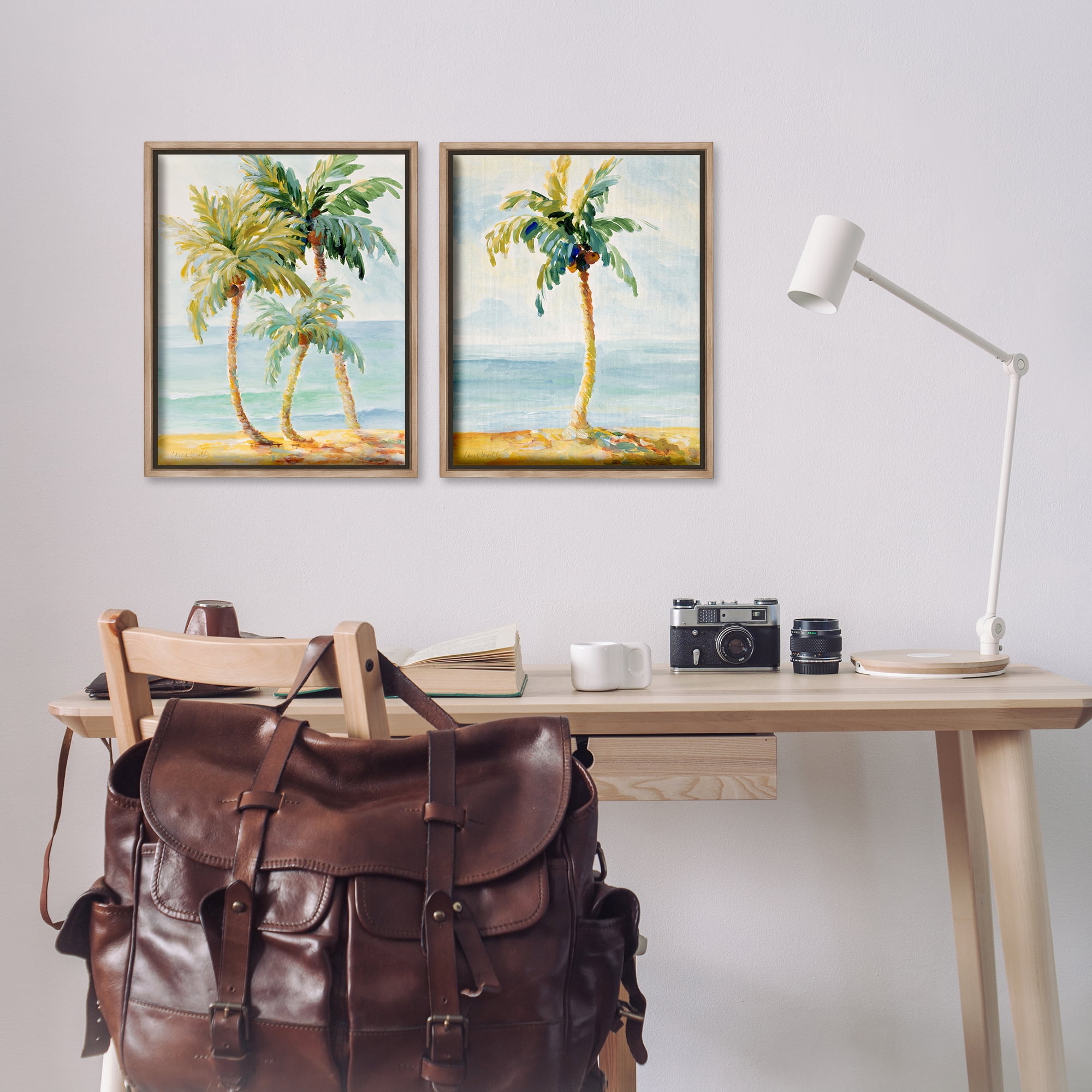 Stupell Industries Tropical Palms Calm Ocean Landscape & Nature Painting Brown Floater Framed Canvas Art Print Wall Art, 17 x 21, Set of 2