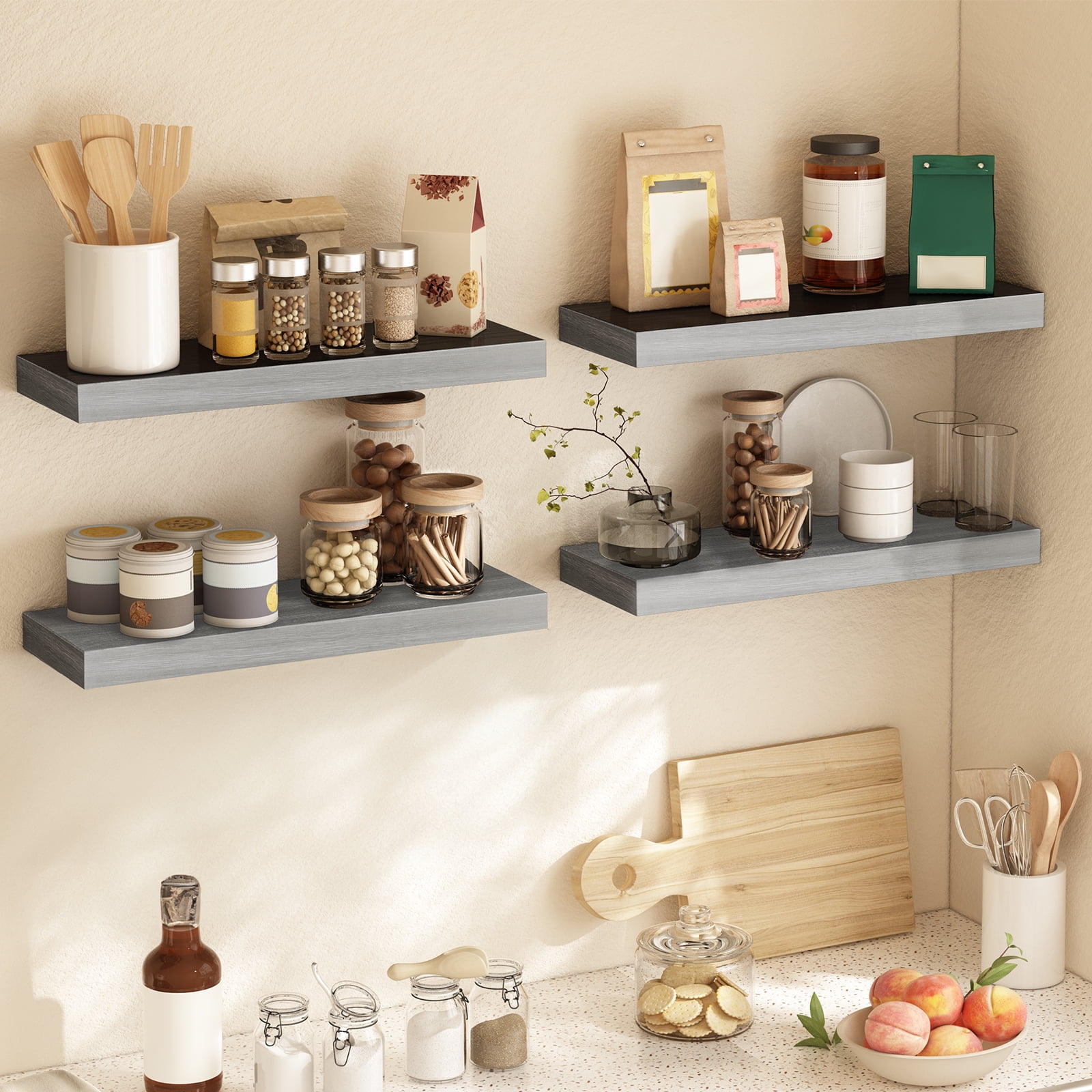 Fairy 15.8in Floating Shelves, Wall Shelves Set of 4, Shelves for Wall Decor, with Invisible Brackets, 15.8x1.2x5.5, Gray