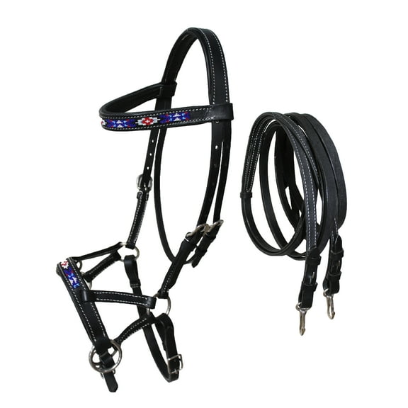 Horse Western Black Leather Bitless Sidepull Beaded Bridle Reins 77RT24BK-F