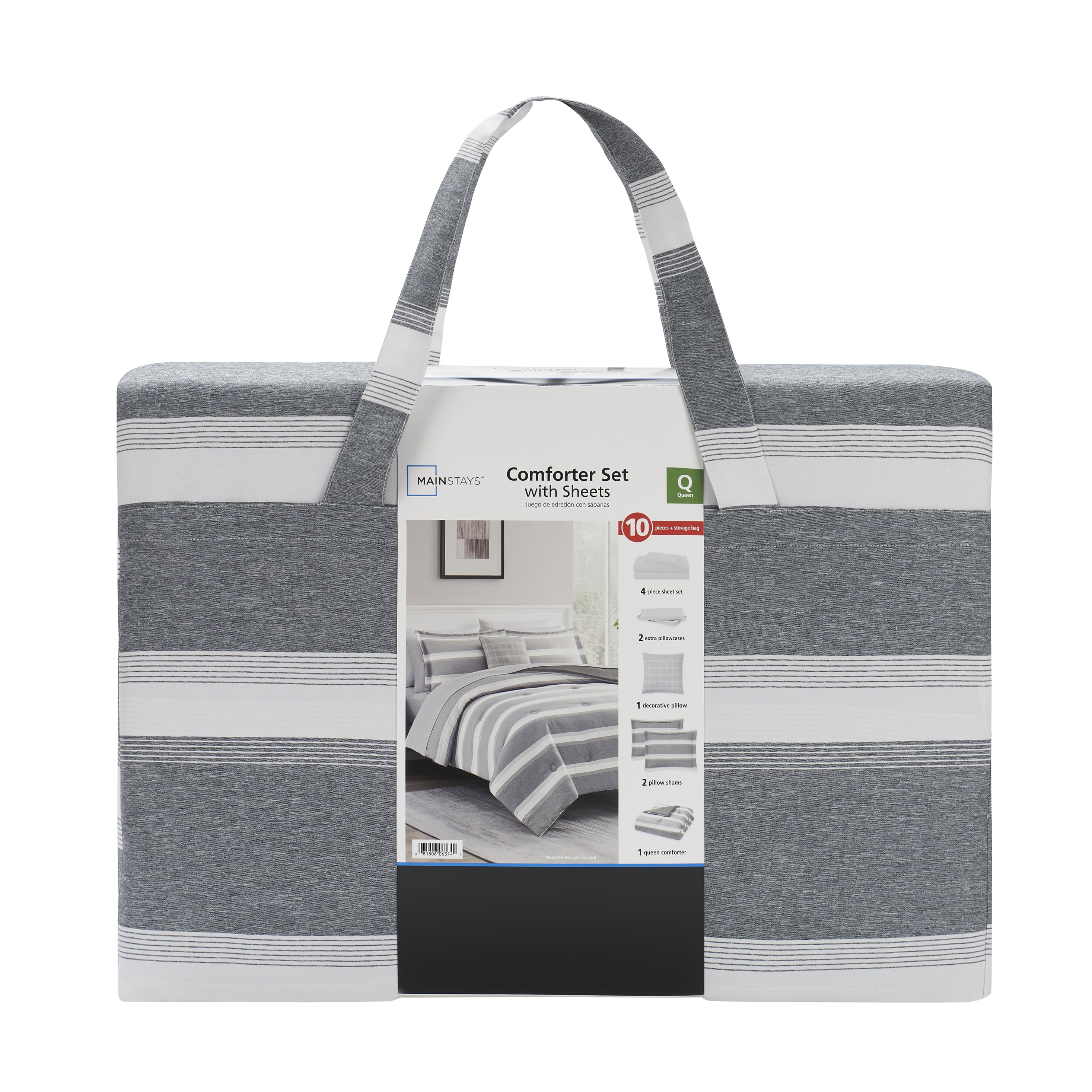 Mainstays 10 Piece Grey Stripe Bed in a Bag Comforter Set with Sheets, Queen