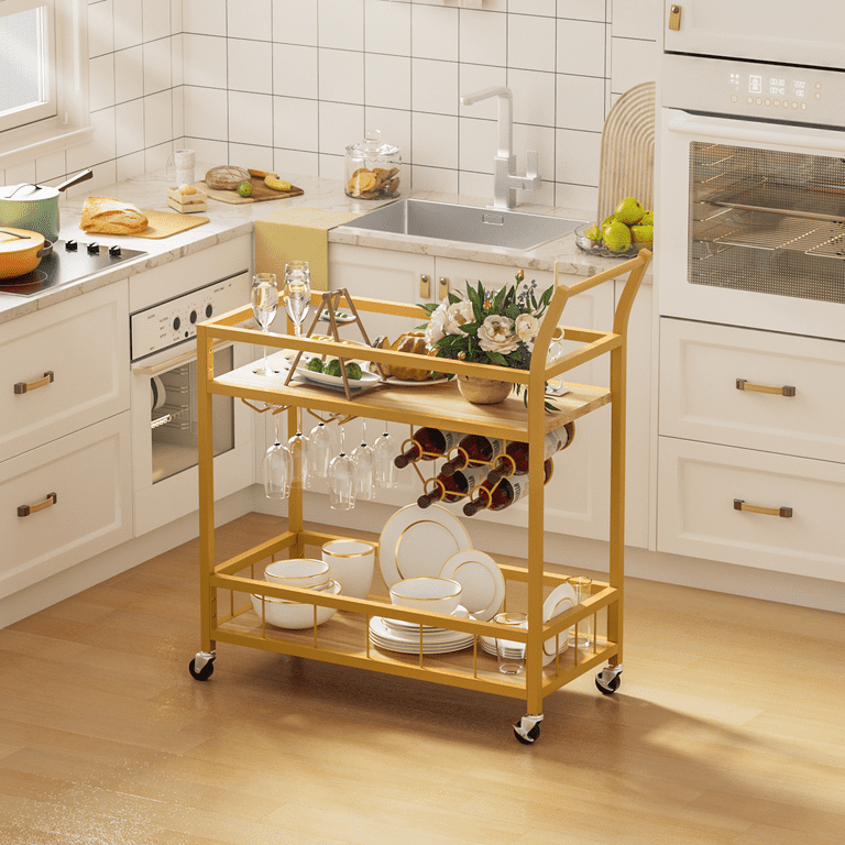 Lacoo Bar Cart Gold, Home Bar Serving Cart, Wine Cart with 2 Shelves, Wine Holders, Glass Holders, for Kitchen, Dining Room, Gold Lacoo Bar Cart Gold, Home Bar Serving Cart, Wine Cart with 2 Shelves, Wine Holders, Glass Holders, for Kitchen, Dining Room, Gold