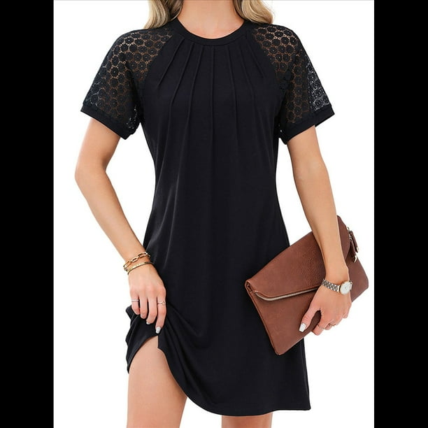 Vestido Camisero de Verano para Mujer, de Corta con Encaje, Informal, con Cuello Redondo y Plisado, Color Negro, Talla L