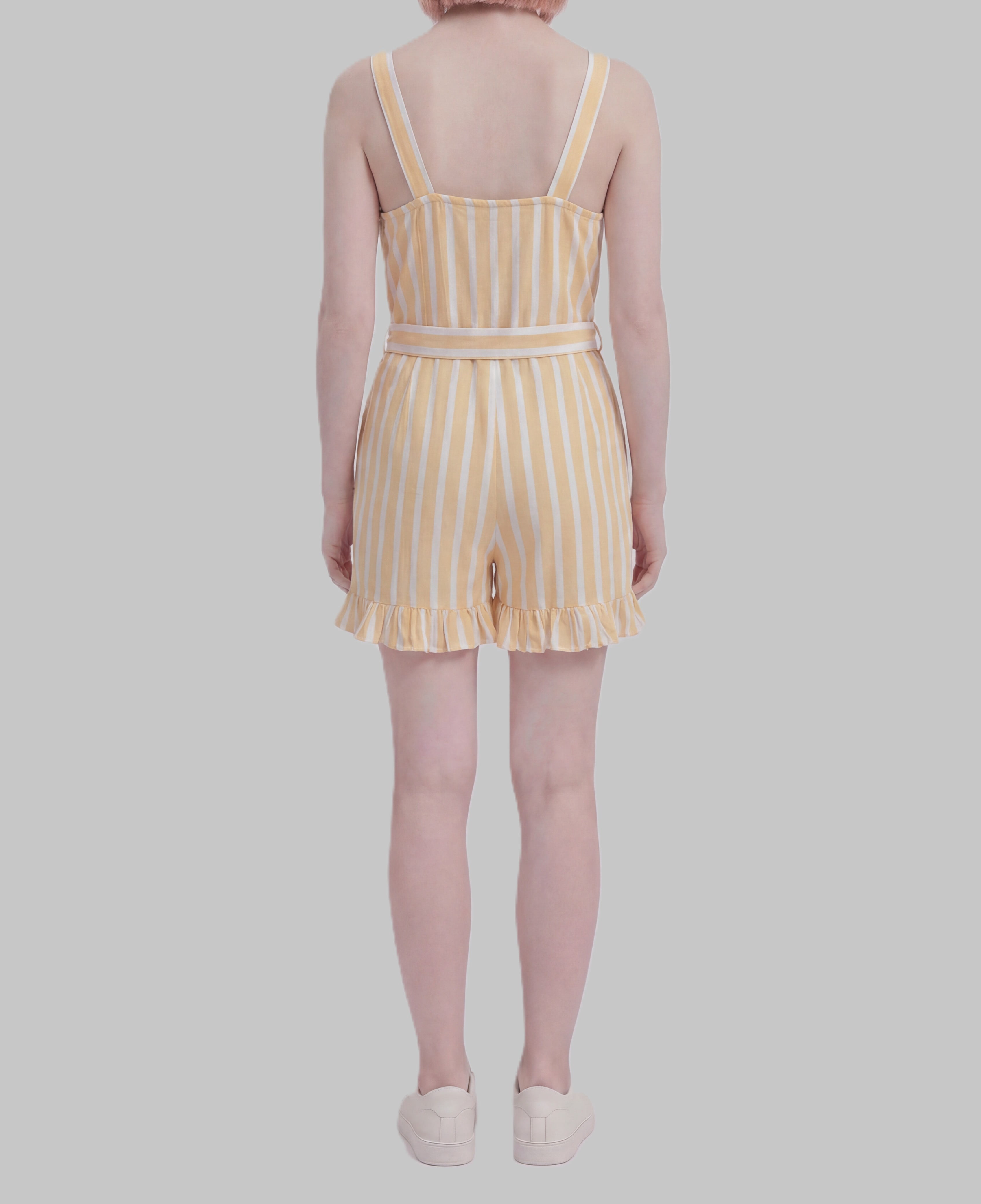 Millenium Womens Printed Sleeveless belted ruffle hem romper