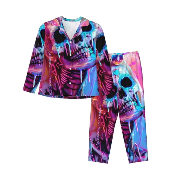 Balery Neon Skull With Milkshake Conjunto de Pijama con Estampado para Mujer, Conjunto de Dos Piezas con Manga Larga, Ropa de Dormir Suave con Bolsillos, Pijamas Cómodos-Small