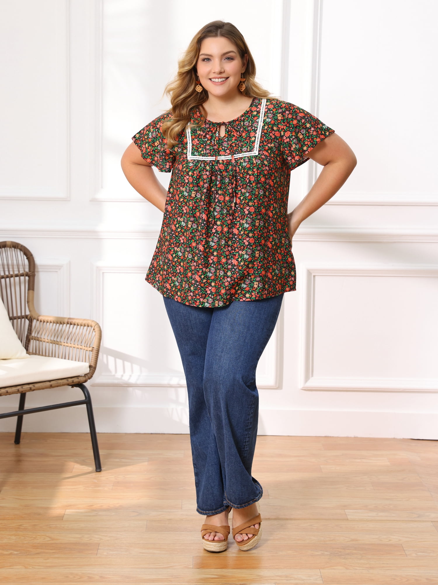 DARING DIVA Women's Plus Floral Tie Neck Blouse with Ruffle Sleeve 1X Black