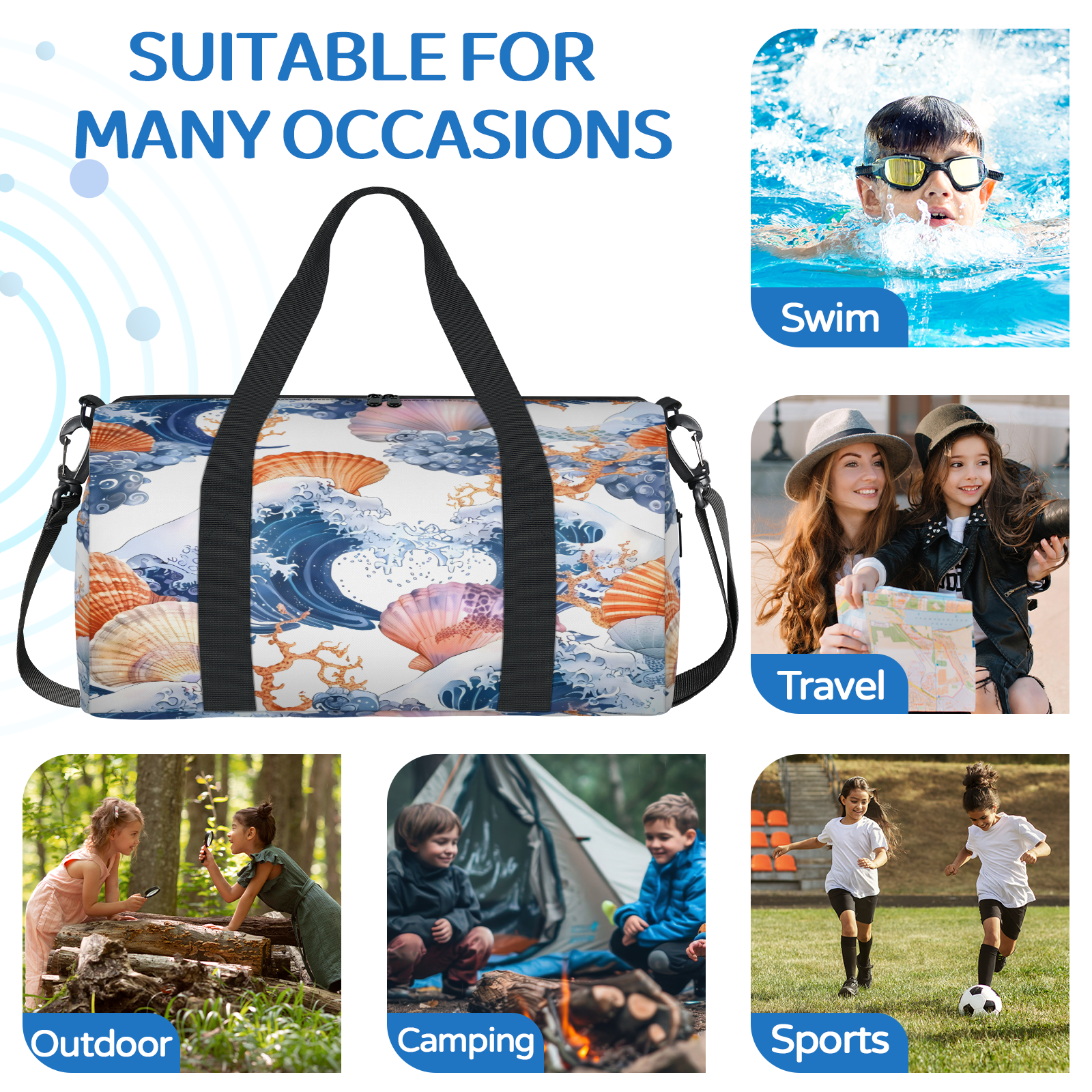 Herdesigns Nautical Coastal Starfish Seashell Gym Bag for Women, Duffle Bag for Travel Sport, Lightweight Waterproof Carry on Weekender Overnight Dance Yoga Workout Bags