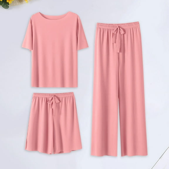 Summer New Ice Silk Pajamas Set Women's Short Sleeved Shorts Wide Leg Pants Solid Color Home Three Piece Set Can Be Worn Loosely Gowns Pajama Button Shirts for Women Short Silk Pajamas for Women