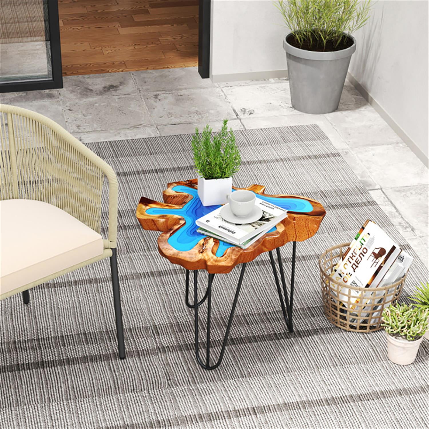 Demi Bonn Teak Wood Sofa Side Table, Outdoor Irregular End Table with Epoxy Resin Tabletop for Small Spaces, Living Room, Bedroom, Brown