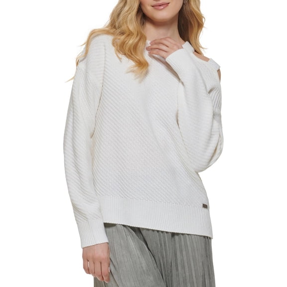 DKNY Womens Cut Out Shoulder Sequined Strap Ribbed Sweater Ivory XL