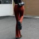 thumbnail image 4 of Mujeres Flare Pantalones de Talle Alto Color Puro Rayas Largas Bell Bottom Salón para el Partido Diario Trabajo Marrón M, 4 of 6