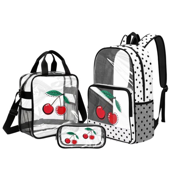 Kuiaobaty Vintage Cherry Print Clear Backpack with Pencil Case Polka Dot Print Bookbag and Lunch Bag with Side Pockets Transparent Backpack with Lunch Box for School