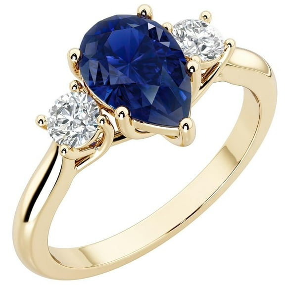 PEORA 14K Yellow Gold Pear Shape Created Blue Sapphire and Lab Grown Diamond 3 Stone Trellis Ring, 2 Carats total, Size 9.5