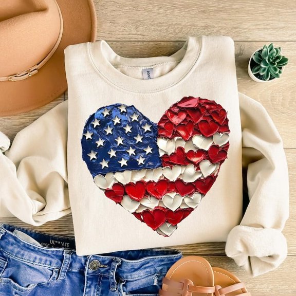 4th of July Brushstroke Sweatshirt, Red White and Blue Love America Shirt, USA Flag Patriotic Pullover BTO
