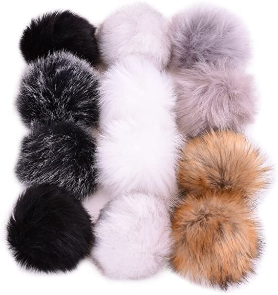 12Pieces Faux Fur Pom Poms Ball Removable Fluffy Pompoms with Press Button for Knitting Hat Shoes Scarves Bag Accessories Bean Red 10 cm 