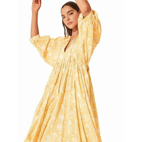 Womens Loose Fit Casual Summer V Neck Lace-Up Half Sleeve Bohemian Geometric Pattern Midi Dresses Yellow XXL