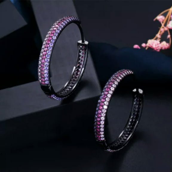 Rainbow CZ Yellow Gold Big Round Huggie Hoop Earrings for Women Bride