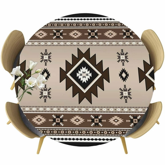 Brown Aztec Round Tablecloth 55-60 Inch Round Fitted Table Cloth with Elastic Edge, Boho Southwest Ethnic Neutral Motifs Waterproof Table Cover Protector for Outdoor Picnic Party Dining