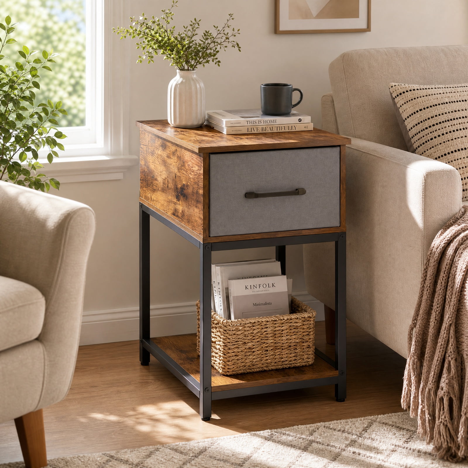Furnibear Narrow Side Table with Charging Station LED Lights and Fabric Drawer Industrial End Table for Living Room Bedroom Sofa Side, Brown