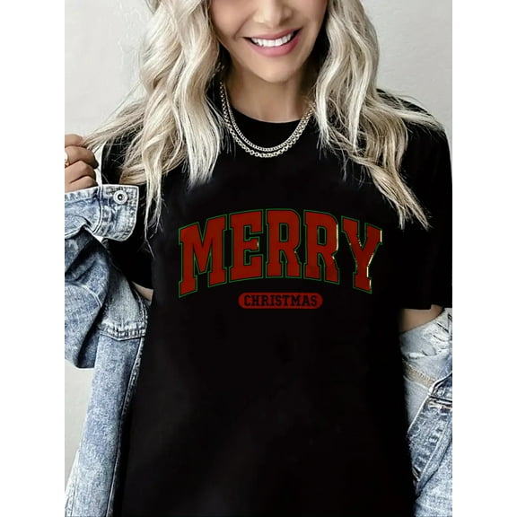 Merry Letter Print Merry Christmas Shirt Short Sleeve Shirts for Women Black One-Piece
