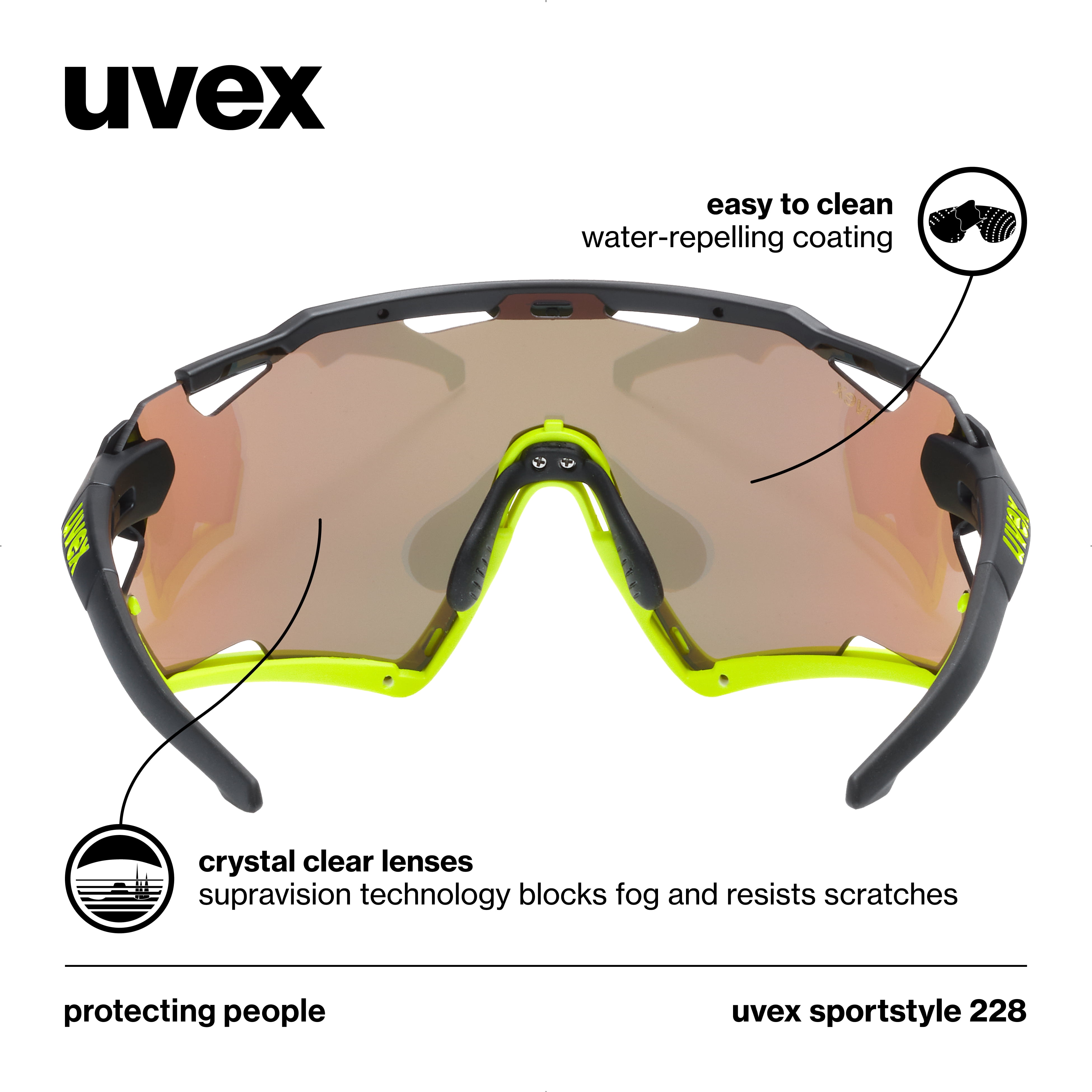 Uvex Sportstyle 228 - Unisex Adults Sports Eyewear Black Yellow Matte/Yellow - Anti-Fog & 100% UV Protection