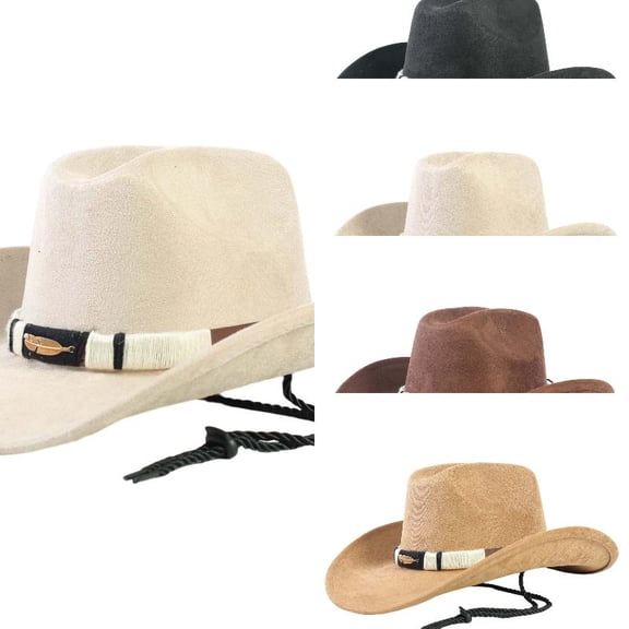 AJGRHE Cowboy Hat for Women and Men Classic Felt Western Hat for Cowboys Cowgirls Wide Brim Belt Buckle Retro Fedora Hats Beige One Size