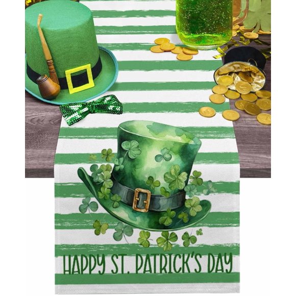 St. Patricks Day Table Runner 13x90 Inches Long Green Clover Hat Runner for Table Green White Stripe Table Runners Cotton Linen Dresser Scarf for Kitchen Coffee Dining Spring Holiday Party Decor