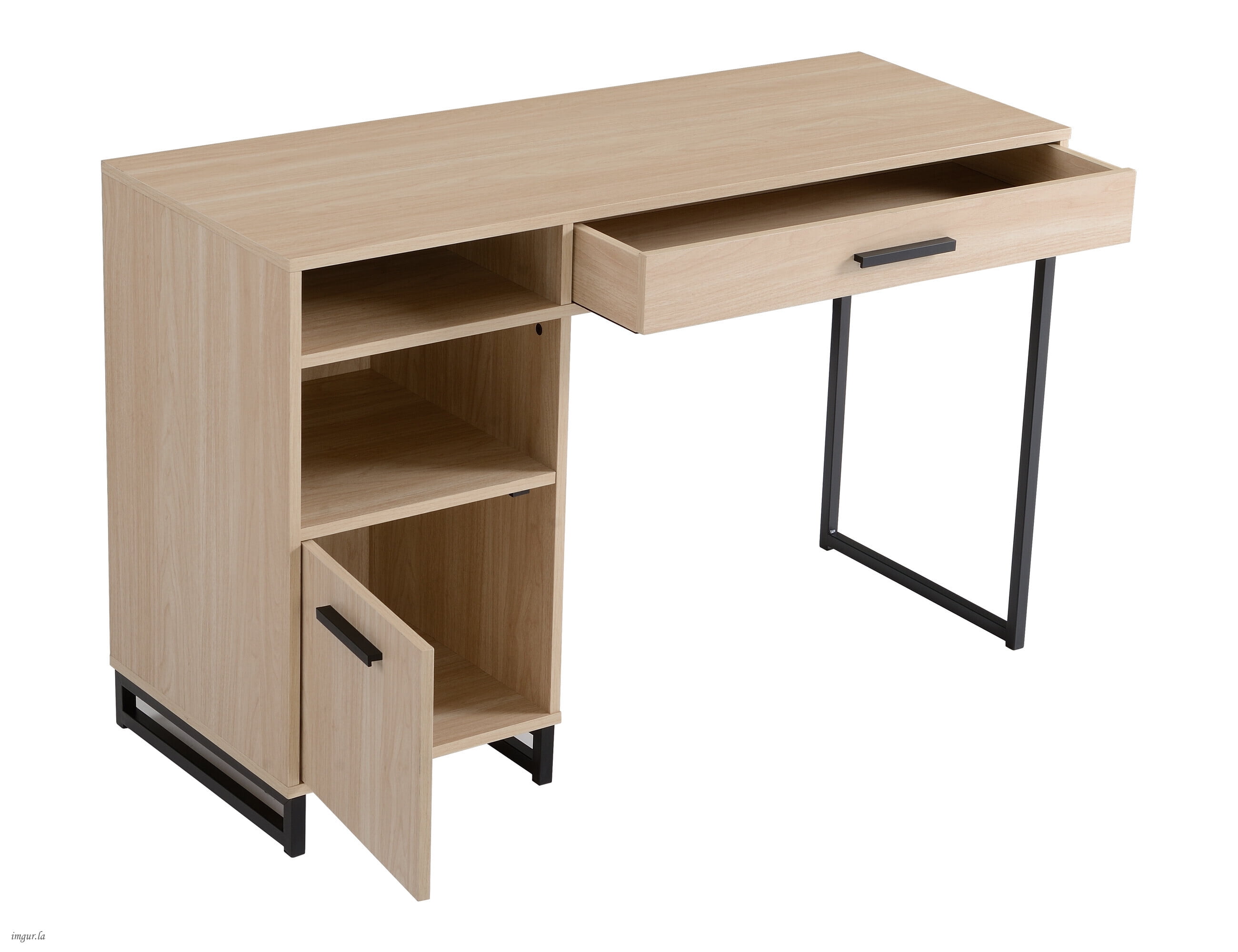 Mainstays Wood & Metal Accents Writing Desk with Drawer and Door for Teen/Adult, Light Wood