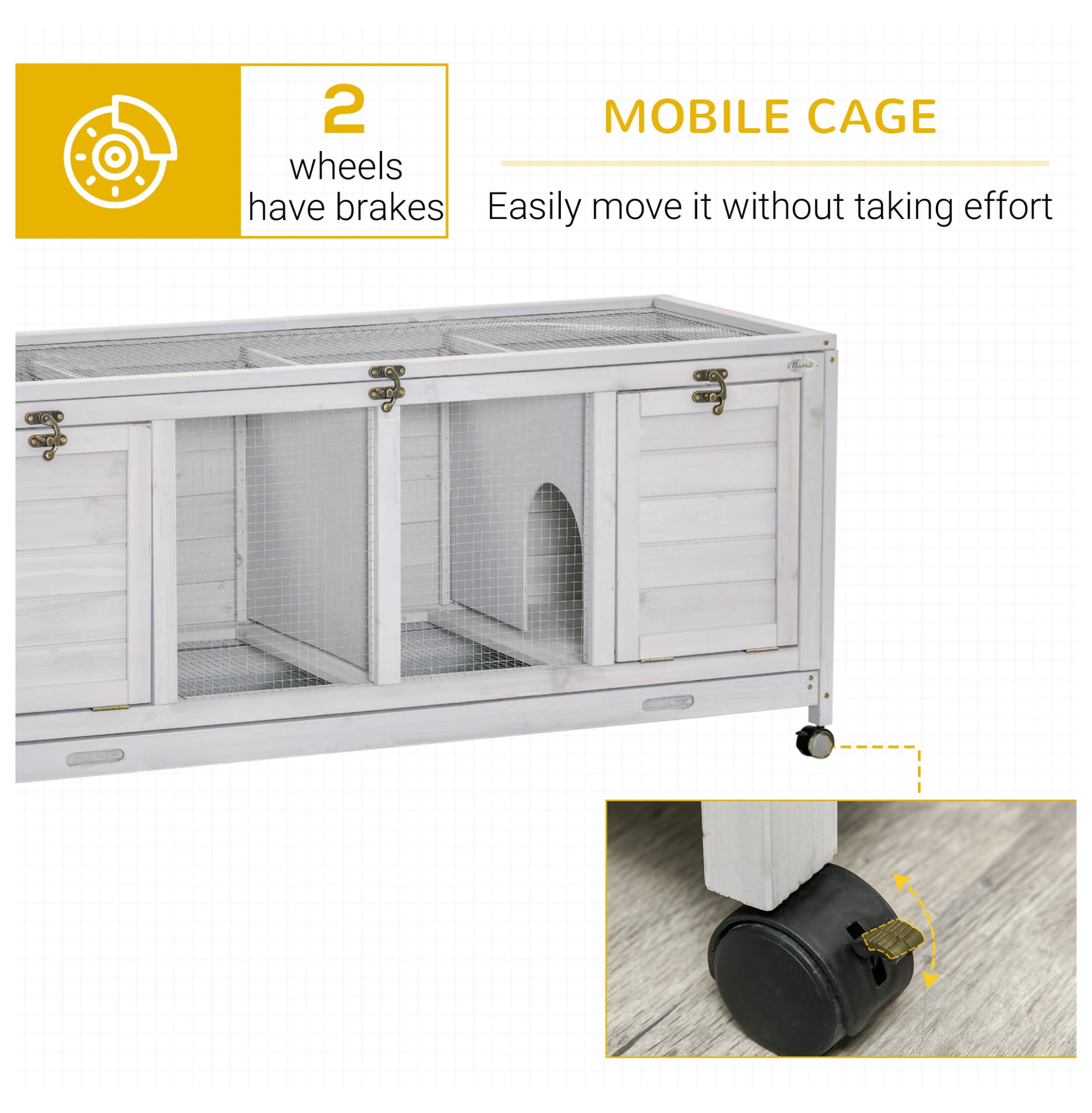 Wooden Rabbit Hutch with Wheels, Bunny Cage - 2 Story Indoor Outdoor Small Animal Habitat for 1-2 Rabbits - Light Gray