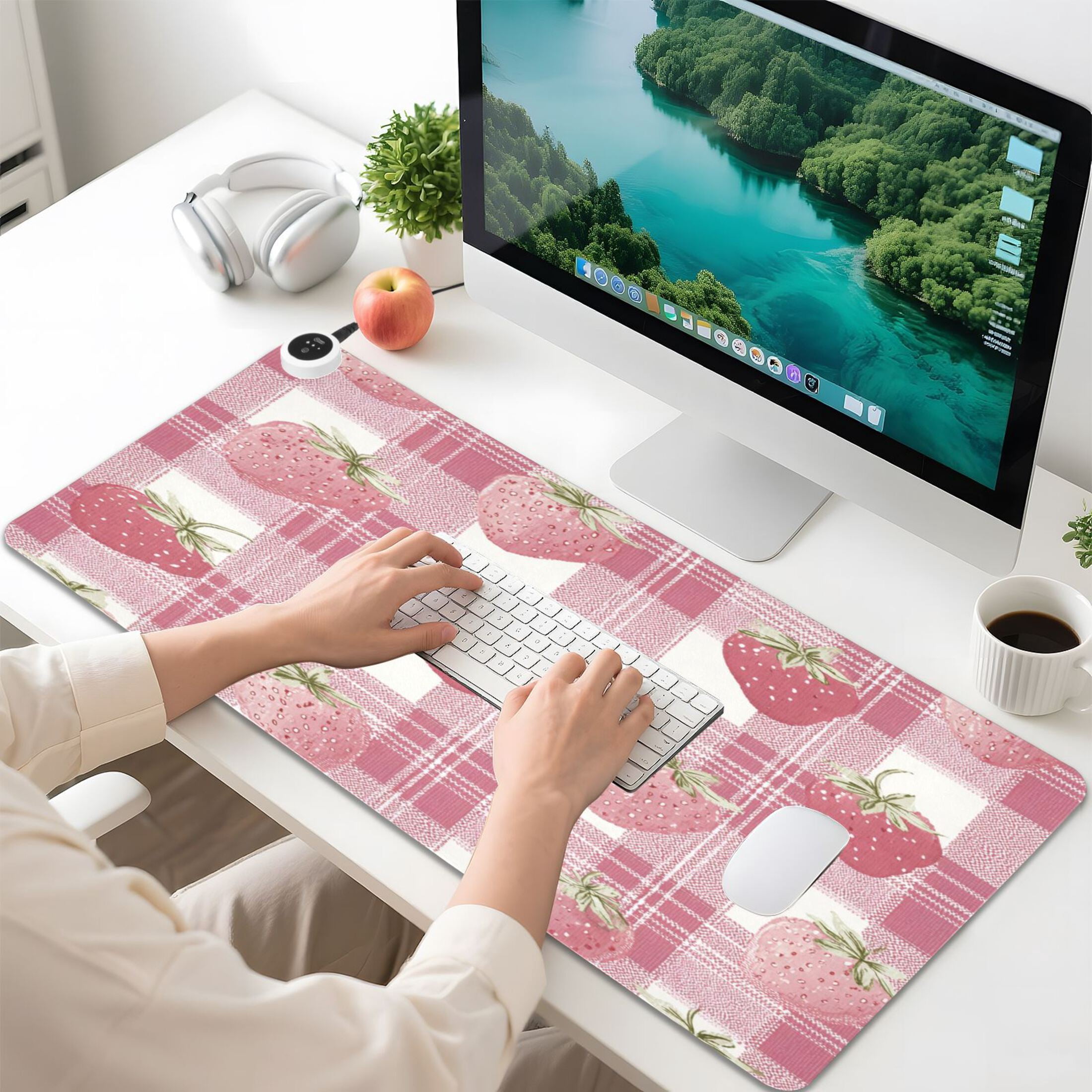 Large Heated Desk Mat Mouse Pad 31.5"x13"PU Leather Graphene Heating Desk Warmer with 3 Temperature Settings 110V US Plug Non-Slip Warm Pad for Home, Office, and Gaming Pink Strawberry Plaid Print