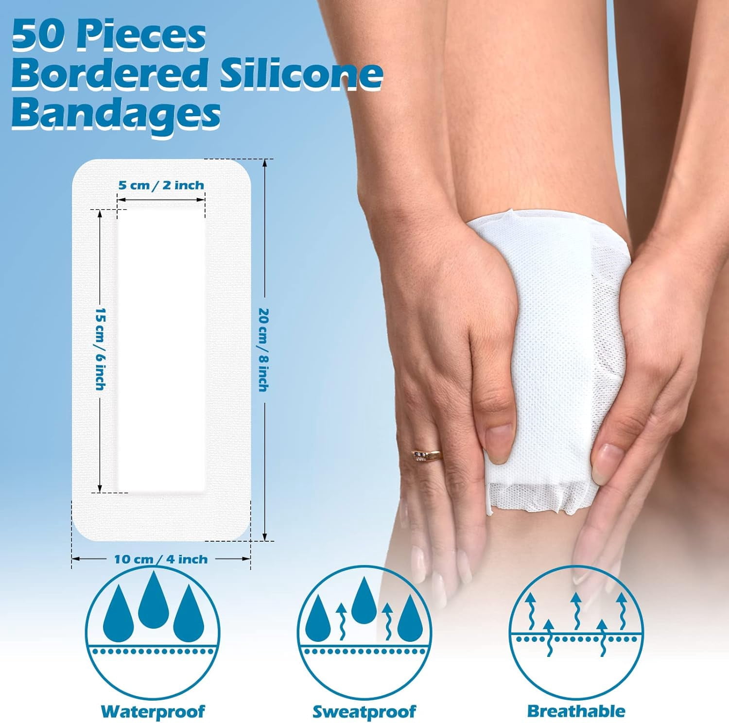 50 Pieces Island Dressing Bordered Gauze Wound Care Bandage with Adhesive Border Wound Bandage Pads Waterproof Breathable Individually Wrapped Bandages Non-Stick Central Pad(4 x 8 Inch)