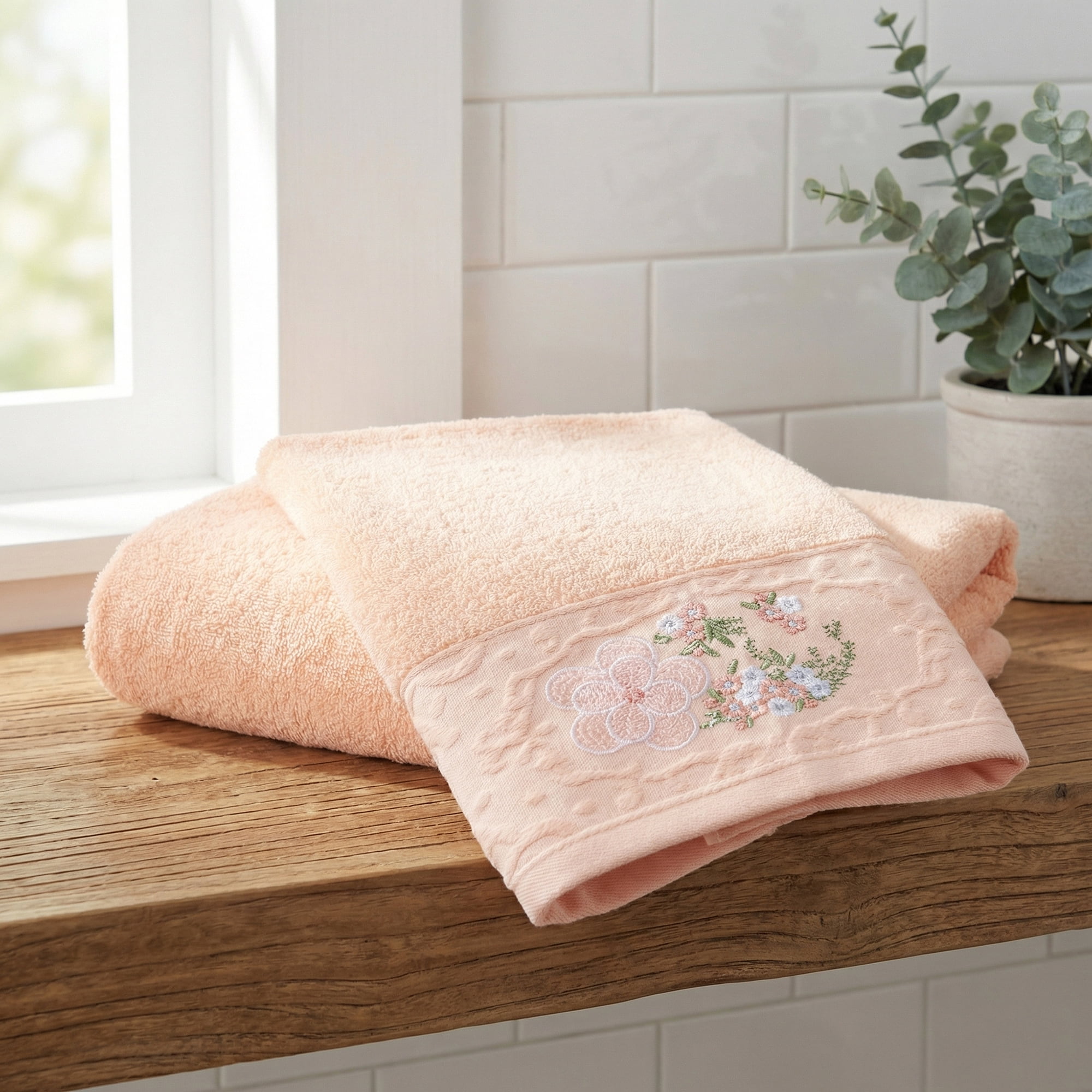 Unique Bargains Floral Embroidered Hand Towels Soft Absorbent Set Pink/Brown 29" x 13"