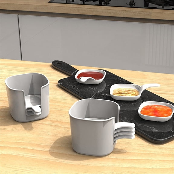 6Pc Plastic White Small Dishes Dipping Bowl with Handles and Storage Rack