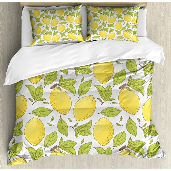 Lemon Duvet Cover Set, Lemonade Fruit and Leaves Doodle Fresh Along Citrus on a Muted Tone Backdrop, Decorative 3 Piece Bedding Set with 2 Pillow Shams, Calking Size, Green and Mustard, by Ambesonne