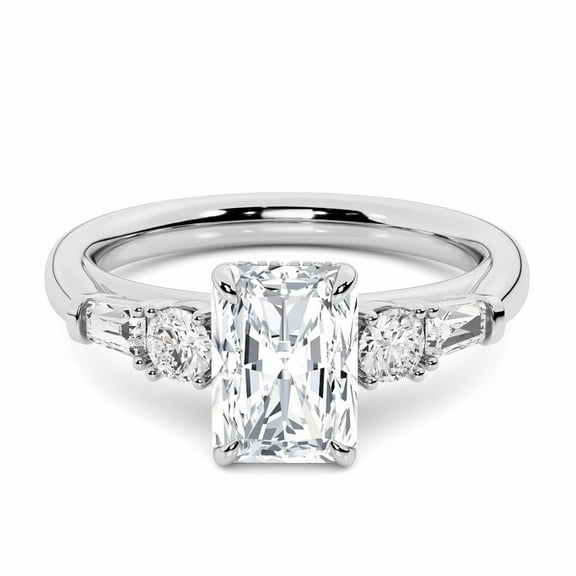 Silvago Jewelry Radiant Cut Moissanite Ring - 14K White Gold Plated - Three Stone Setting with Side Baguettes - 2.24 Ct Engagement Ring - Elegant Jewelry Set