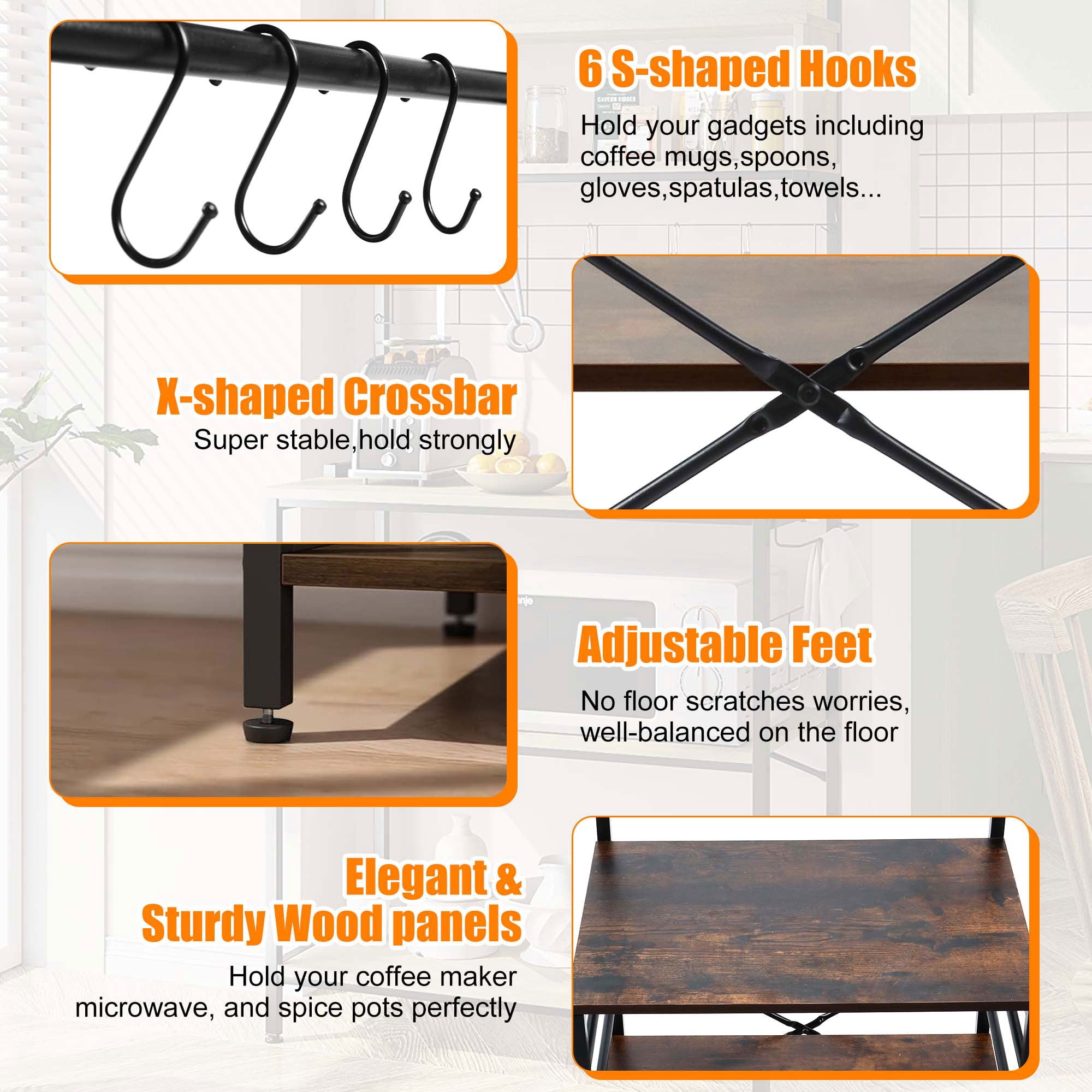 Copedvic Kitchen Bakers Rack Storage Cabinets Microwave Cart Oven Stand Coffee Bar with 6 Hooks 4 Tier Shelves