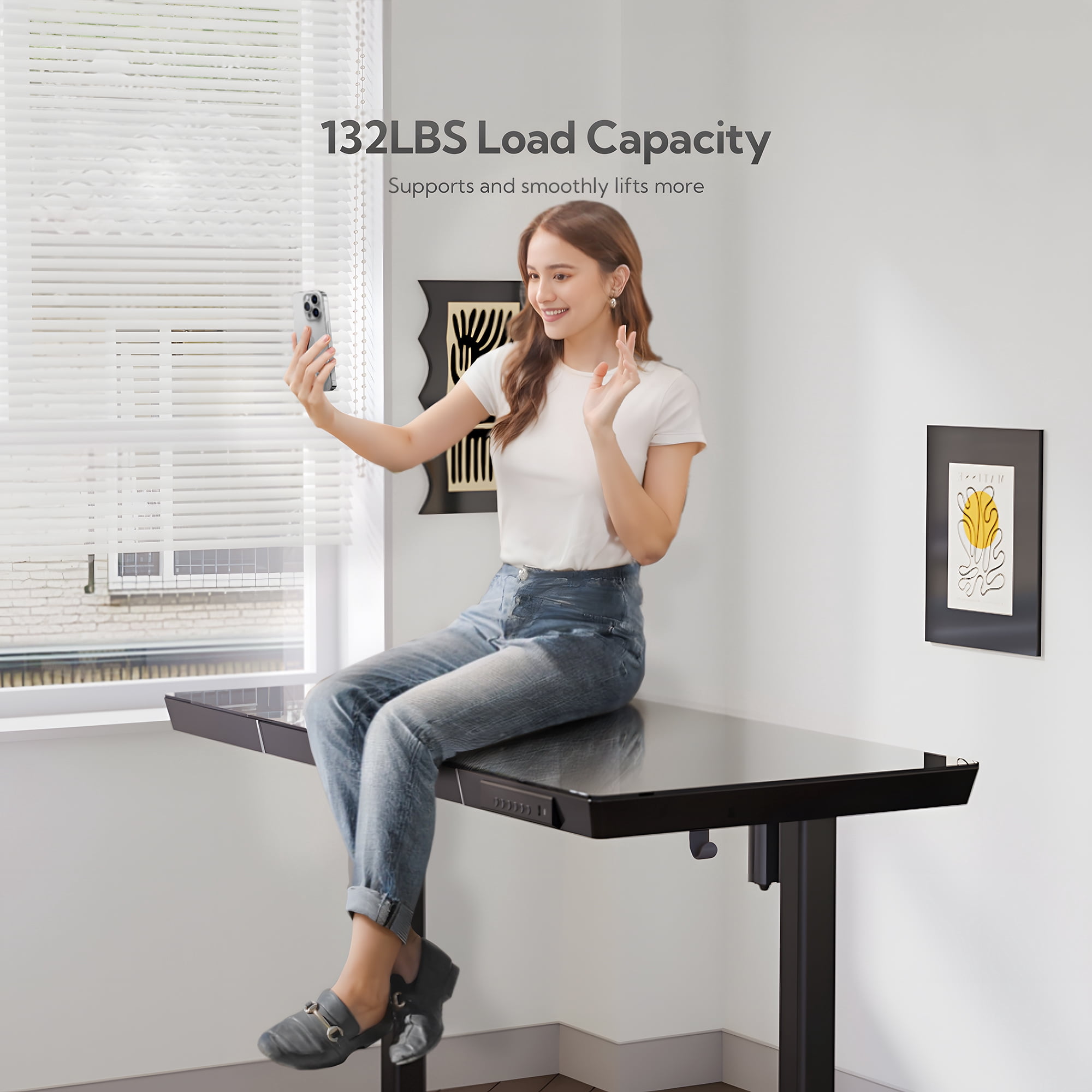 INNOVAR 48" Glass Top Standing Desk with 1 Drawer,Home Office Electric Sit to Stand up Tempered Glass Desk, Adjustable Height Rising Black Computer Work Desk with Power Outlet and USB Ports