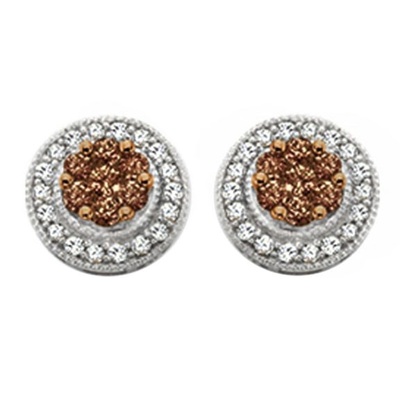 AFFY Champagne & White Natural Diamond Love Circle Stud Earrings In 14K Solid White Gold (5/8 Ct)