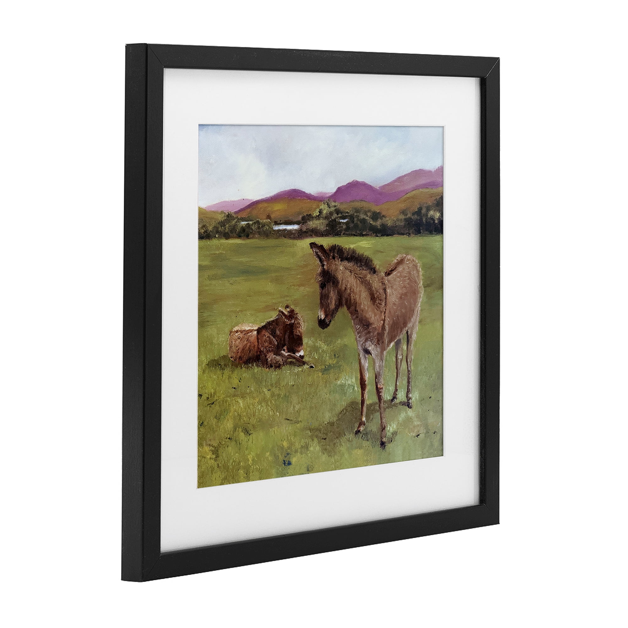 Donkey Duo in Pasture Black Framed Print Under Glass, design by Patricia Reynolds