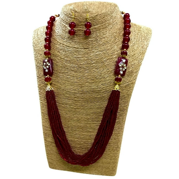 Traditional Maroon Multi-Strand Beaded Necklace Set with Floral Accents and Earrings for Women