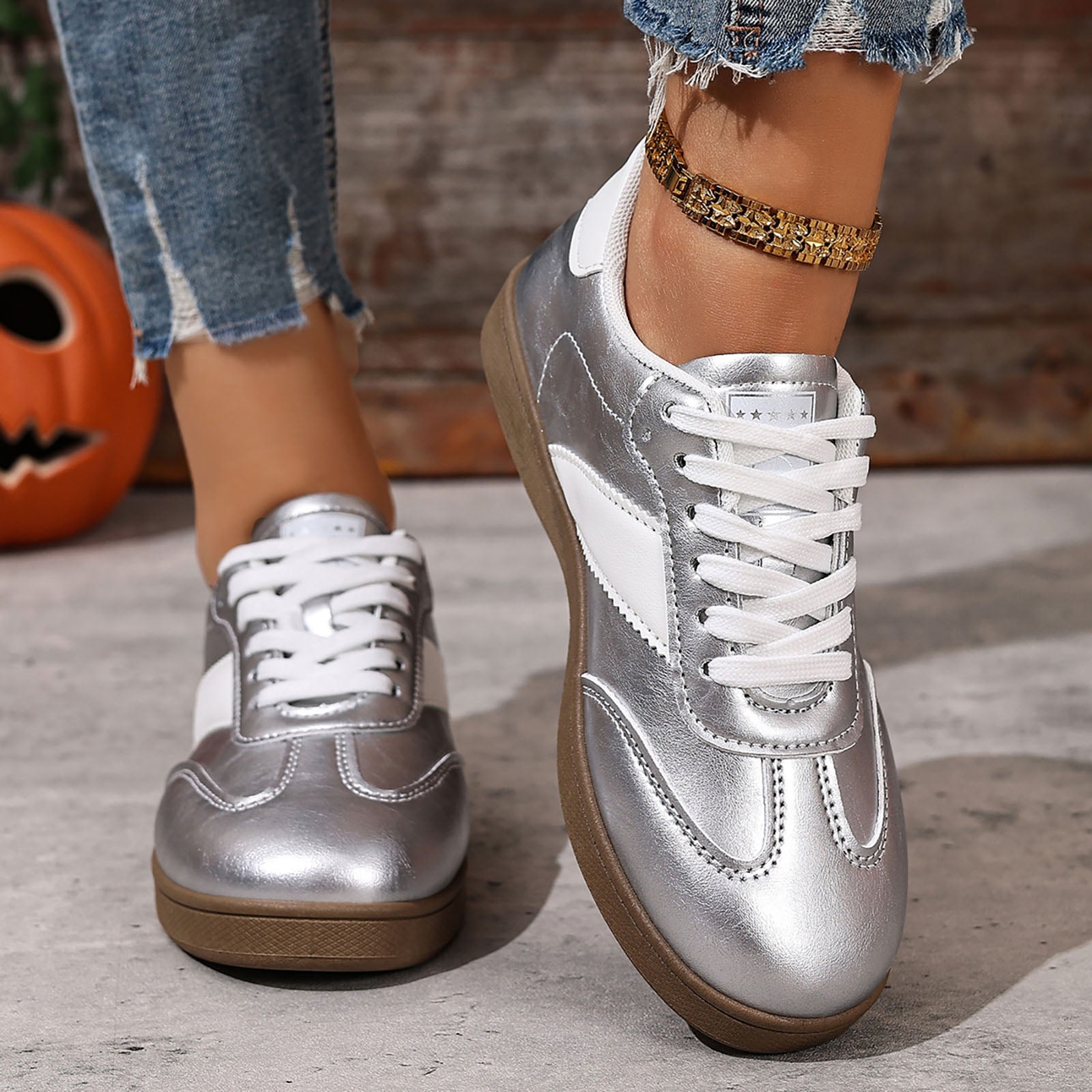 Womens Skate Shoes Comfy Arch Support Tennis Walking Shoes Fashion Color Block Lace up Nonslip Trainers Sneakers Silver Size 7.5
