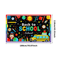 thumbnail image 2 of Colorful Back to School Themed Banner with School Supplies Elements Sun Star Kid Bus Decorations Backdrop for School Opening Party Classroom Decor Photo Booth Background, 2 of 7
