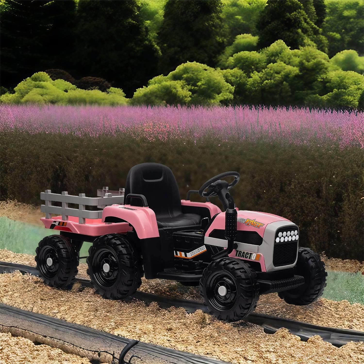 CIPACHO 12V Battery-Powered Tractor Toy with Trailer, Ground Loader Ride On for Kids with 3-Gear-Shift, Pink CIPACHO 12V Battery-Powered Tractor Toy with Trailer, Ground Loader Ride On for Kids with 3-Gear-Shift, Pink