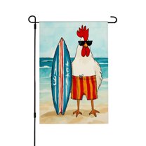 AMHNF Beach Rooster with Surfboard Linen Garden Flag for Spring Summer Home Outdoor Garden Yard Door Decor 12x18 inch