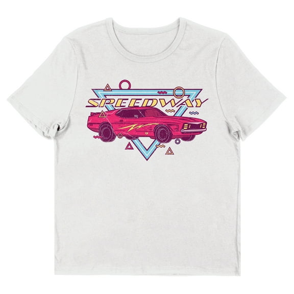 Retro Muscle Car Speedway Women's White Short Sleeve Crew Neck Tee-Large