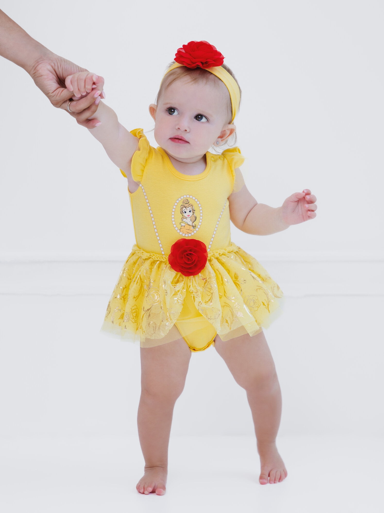 Disney Princess Belle Cosplay Bodysuit With Skirt Overlay & Headband Outfit Set Newborn to Infant