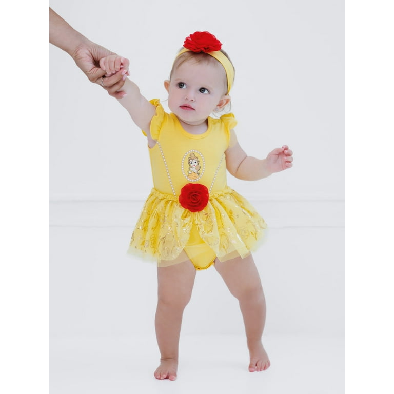 Disney Princess Belle Cosplay Bodysuit With Skirt Overlay & Headband Outfit Set Newborn to Infant